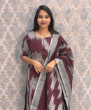 Maroon with Gray Color Premium Handloom Ikkat Cotton 3 Piece Salwar Set with Pocket / LSS231