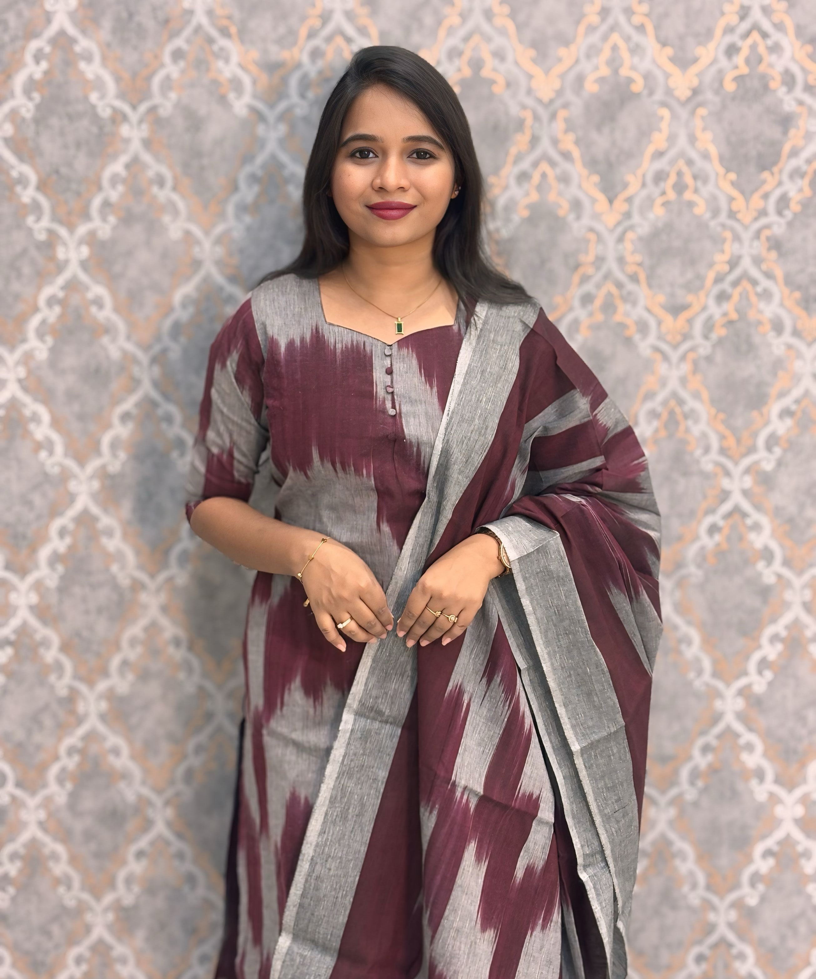 Maroon with Gray Color Premium Handloom Ikkat Cotton 3 Piece Salwar Set with Pocket / LSS231