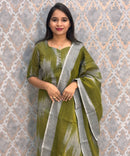 Green with Gray Color Premium Handloom Ikkat Cotton 3 Piece Salwar Set with Pocket / LSS231