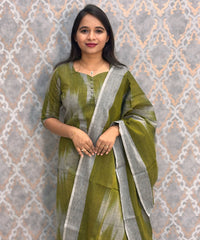 Green with Gray Color Premium Handloom Ikkat Cotton 3 Piece Salwar Set with Pocket / LSS231