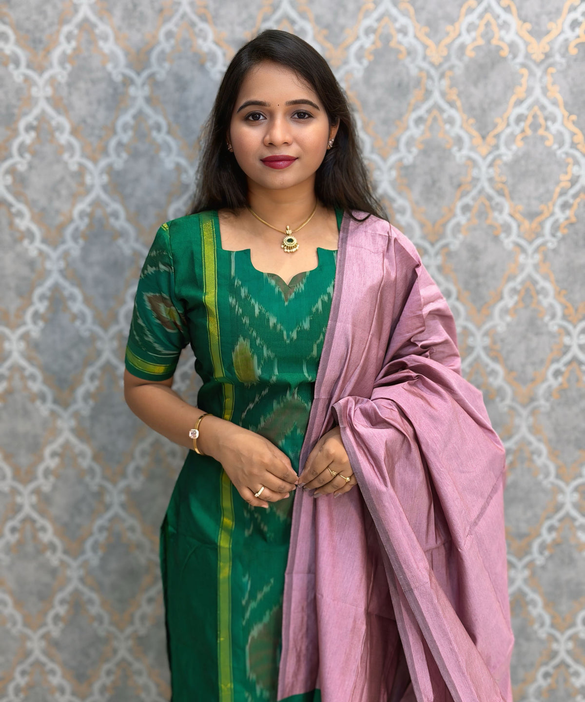 Green with Violet color Premium Handloom Poochampally Sico Silk 3 Piece Salwar Set / LSS300