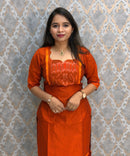 Orange with Navy Blue Premium Handloom Poochampally Sico Silk 3 Piece Salwar Set / LSS300