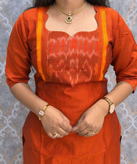 Orange with Navy Blue Premium Handloom Poochampally Sico Silk 3 Piece Salwar Set / LSS300