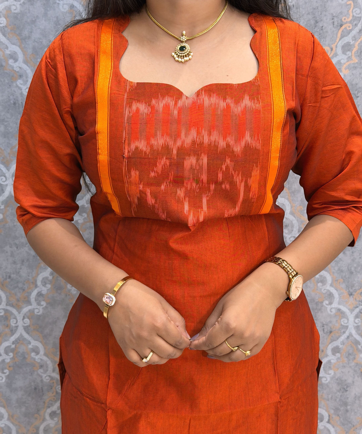 Orange with Navy Blue Premium Handloom Poochampally Sico Silk 3 Piece Salwar Set / LSS300