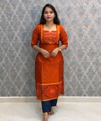 Orange with Navy Blue Premium Handloom Poochampally Sico Silk 3 Piece Salwar Set / LSS300