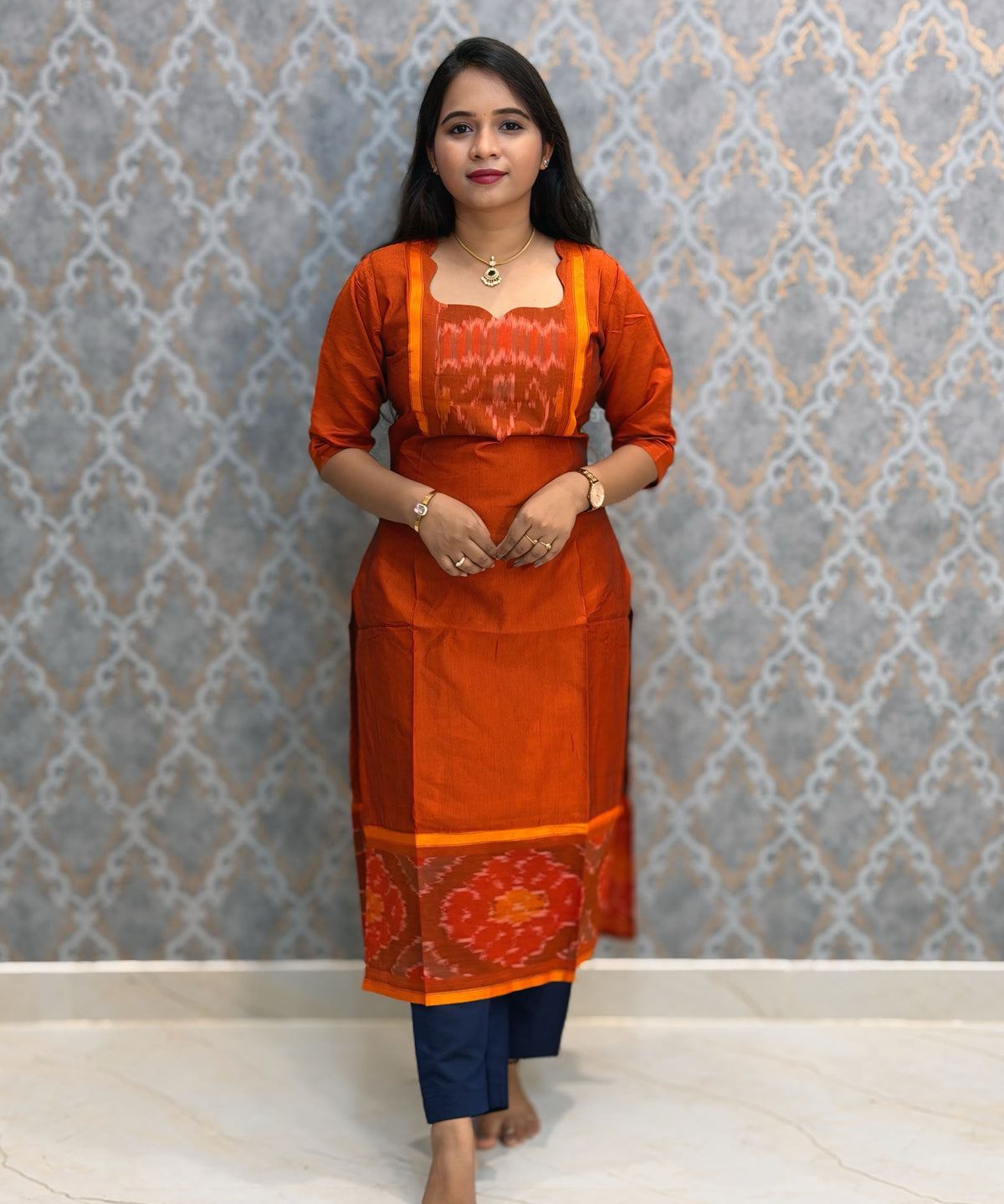 Orange with Navy Blue Premium Handloom Poochampally Sico Silk 3 Piece Salwar Set / LSS300