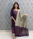 Dark Purple with Gray color Premium Handloom Poochampally Sico Silk 3 Piece Salwar Set / LSS300