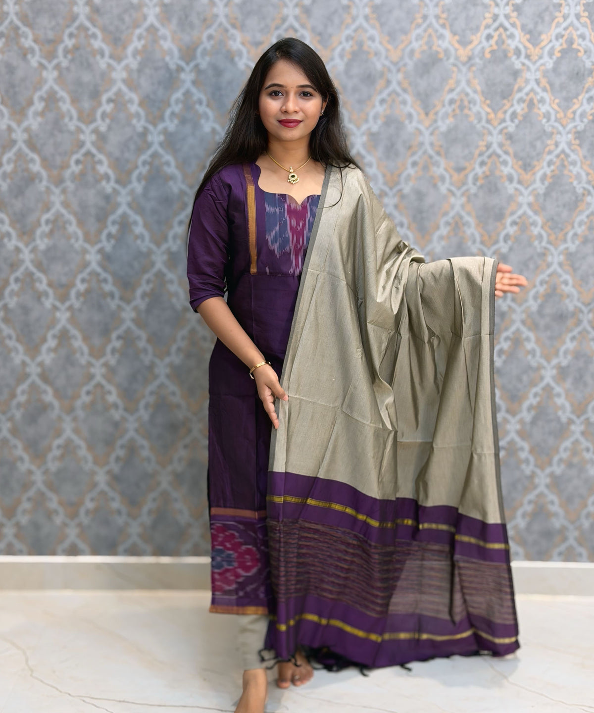Dark Purple with Gray color Premium Handloom Poochampally Sico Silk 3 Piece Salwar Set / LSS300