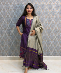Dark Purple with Gray color Premium Handloom Poochampally Sico Silk 3 Piece Salwar Set / LSS300