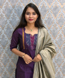 Dark Purple with Gray color Premium Handloom Poochampally Sico Silk 3 Piece Salwar Set / LSS300