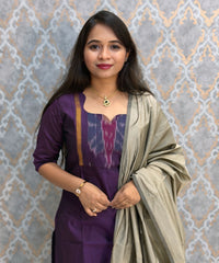 Dark Purple with Gray color Premium Handloom Poochampally Sico Silk 3 Piece Salwar Set / LSS300