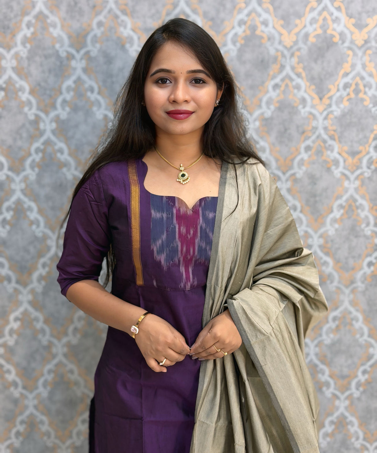 Dark Purple with Gray color Premium Handloom Poochampally Sico Silk 3 Piece Salwar Set / LSS300