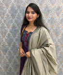 Dark Purple with Gray color Premium Handloom Poochampally Sico Silk 3 Piece Salwar Set / LSS300
