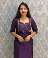 Dark Purple with Gray color Premium Handloom Poochampally Sico Silk 3 Piece Salwar Set / LSS300