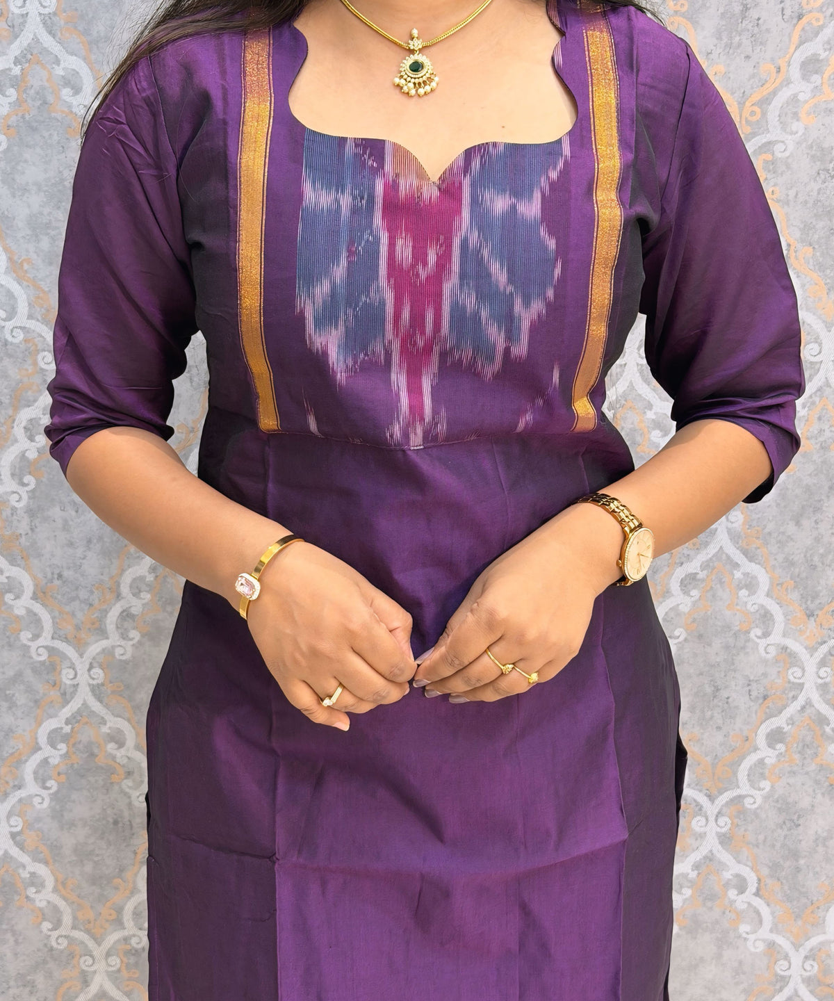 Dark Purple with Gray color Premium Handloom Poochampally Sico Silk 3 Piece Salwar Set / LSS300