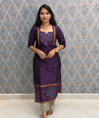 Dark Purple with Gray color Premium Handloom Poochampally Sico Silk 3 Piece Salwar Set / LSS300