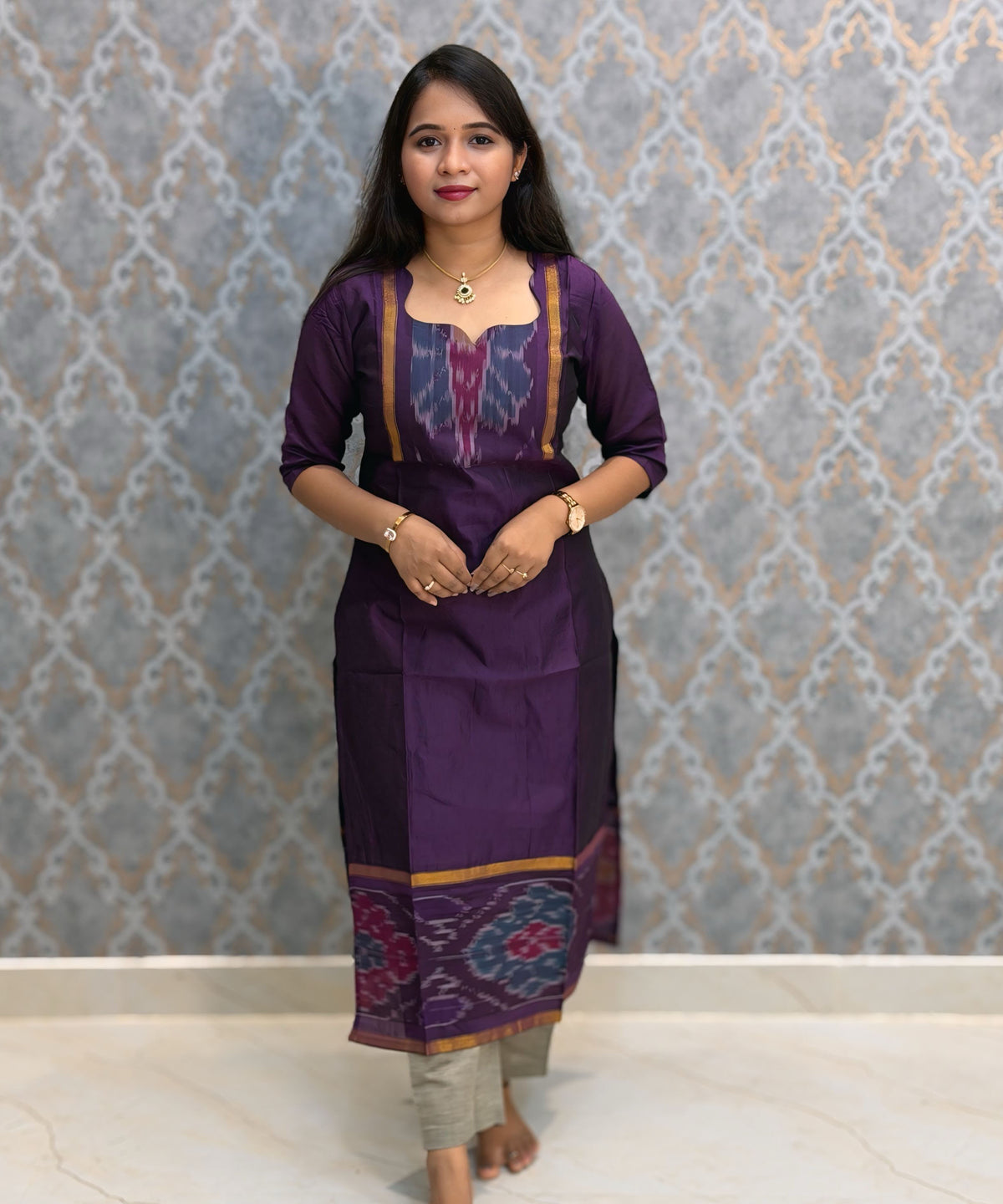 Dark Purple with Gray color Premium Handloom Poochampally Sico Silk 3 Piece Salwar Set / LSS300