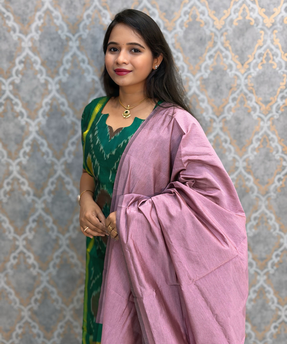 Green with Violet color Premium Handloom Poochampally Sico Silk 3 Piece Salwar Set / LSS300