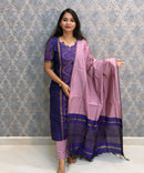 Royal Purple with Dusty Rose Pink Premium Handloom Poochampally Sico Silk 3 Piece Salwar Set / LSS300