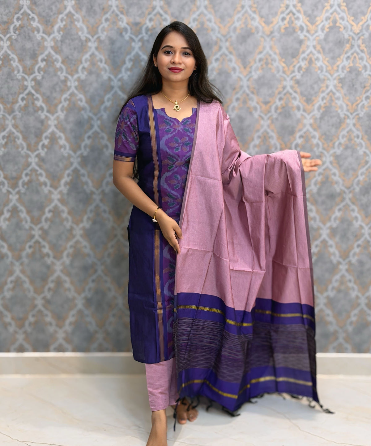 Royal Purple with Dusty Rose Pink Premium Handloom Poochampally Sico Silk 3 Piece Salwar Set / LSS300