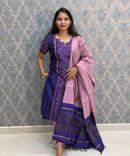 Royal Purple with Dusty Rose Pink Premium Handloom Poochampally Sico Silk 3 Piece Salwar Set / LSS300