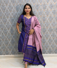 Royal Purple with Dusty Rose Pink Premium Handloom Poochampally Sico Silk 3 Piece Salwar Set / LSS300