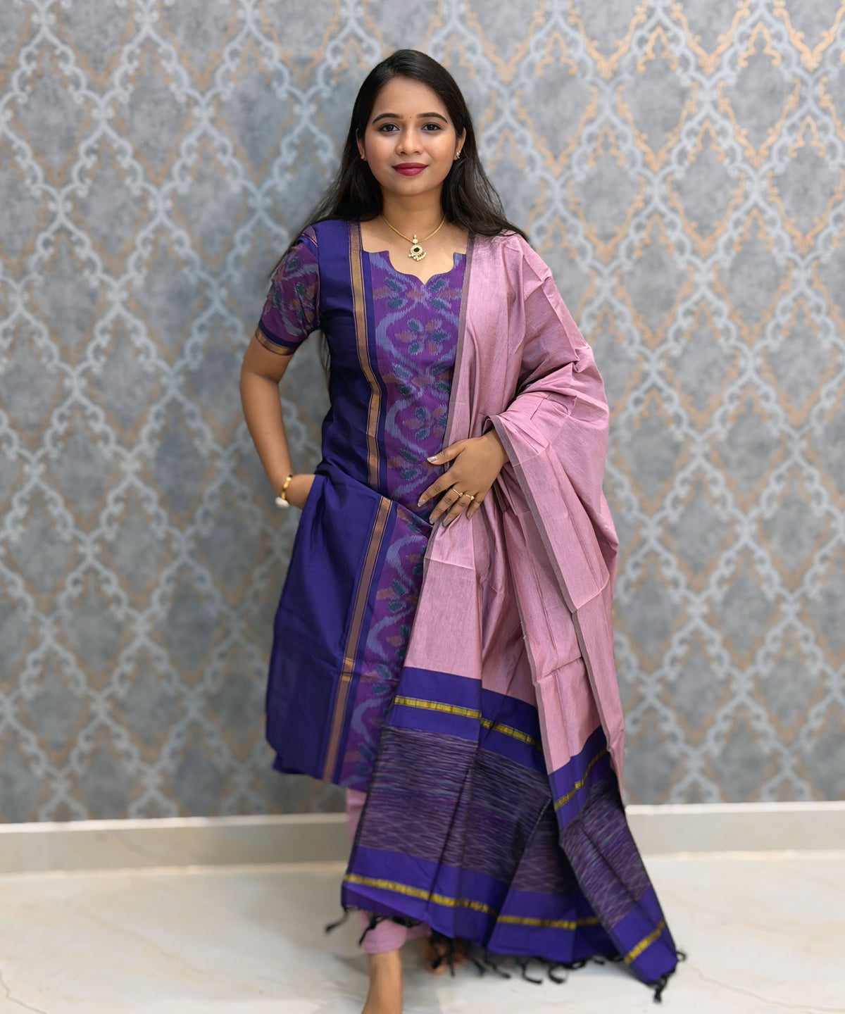 Royal Purple with Dusty Rose Pink Premium Handloom Poochampally Sico Silk 3 Piece Salwar Set / LSS300