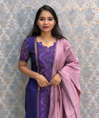 Royal Purple with Dusty Rose Pink Premium Handloom Poochampally Sico Silk 3 Piece Salwar Set / LSS300