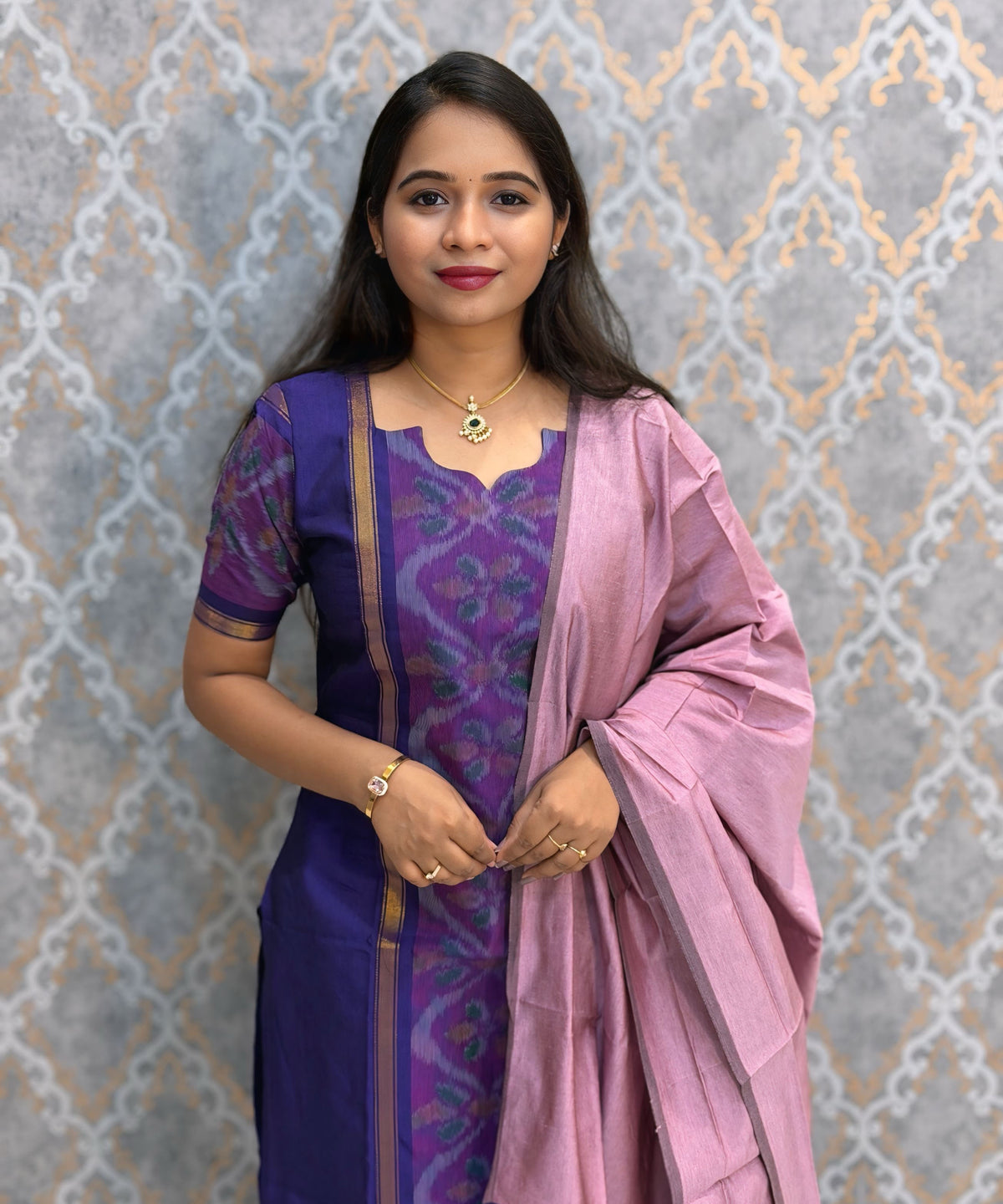 Royal Purple with Dusty Rose Pink Premium Handloom Poochampally Sico Silk 3 Piece Salwar Set / LSS300