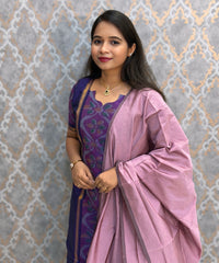 Royal Purple with Dusty Rose Pink Premium Handloom Poochampally Sico Silk 3 Piece Salwar Set / LSS300