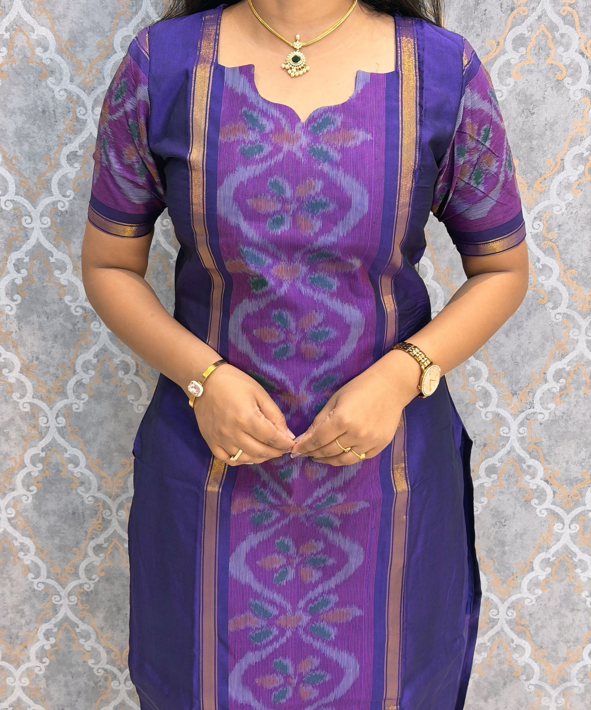 Royal Purple with Dusty Rose Pink Premium Handloom Poochampally Sico Silk 3 Piece Salwar Set / LSS300