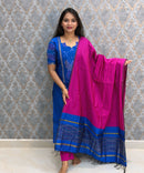 Blue with Pink color Premium Handloom Poochampally Sico Silk 3 Piece Salwar Set / LSS300