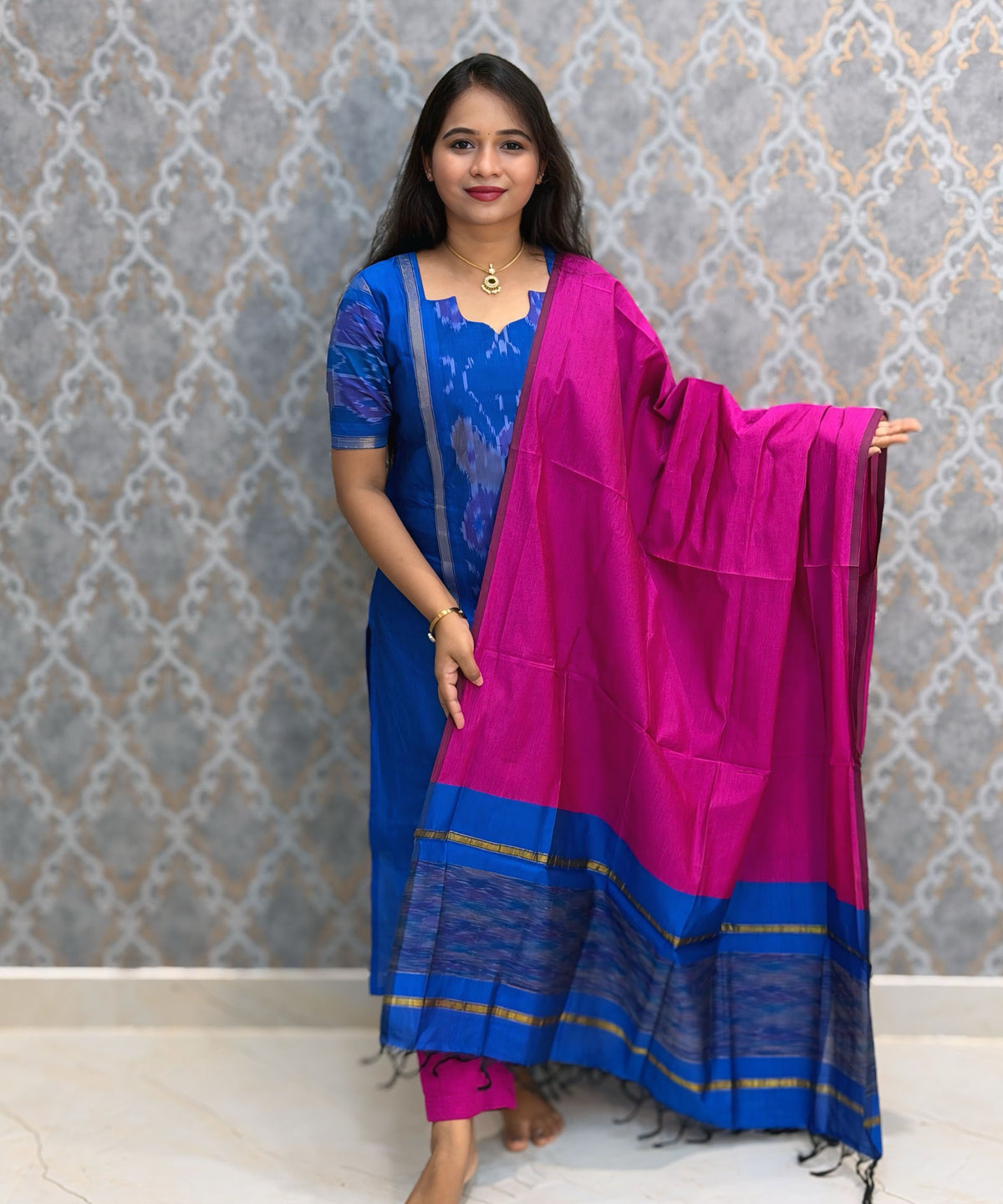 Blue with Pink color Premium Handloom Poochampally Sico Silk 3 Piece Salwar Set / LSS300