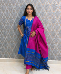 Blue with Pink color Premium Handloom Poochampally Sico Silk 3 Piece Salwar Set / LSS300