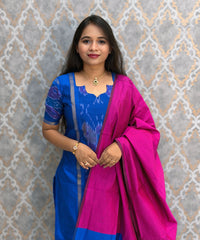 Blue with Pink color Premium Handloom Poochampally Sico Silk 3 Piece Salwar Set / LSS300