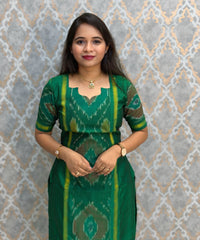 Green with Violet color Premium Handloom Poochampally Sico Silk 3 Piece Salwar Set / LSS300