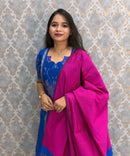 Blue with Pink color Premium Handloom Poochampally Sico Silk 3 Piece Salwar Set / LSS300
