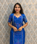 Blue with Pink color Premium Handloom Poochampally Sico Silk 3 Piece Salwar Set / LSS300
