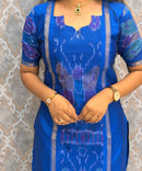Blue with Pink color Premium Handloom Poochampally Sico Silk 3 Piece Salwar Set / LSS300