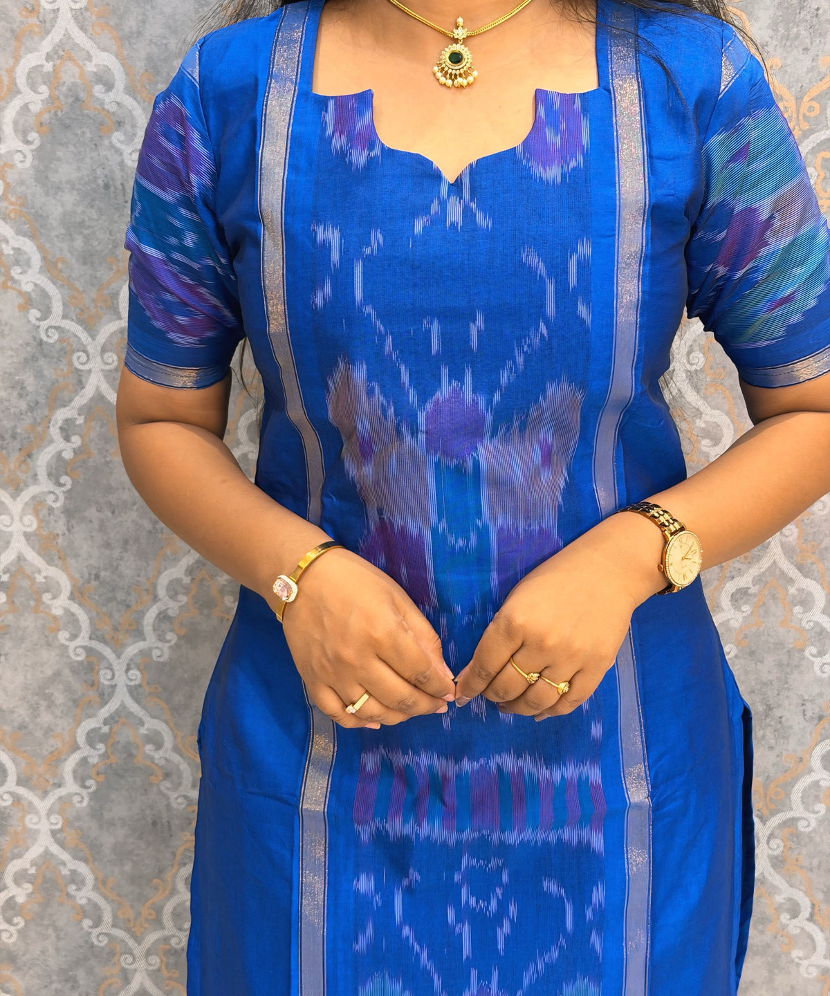 Blue with Pink color Premium Handloom Poochampally Sico Silk 3 Piece Salwar Set / LSS300