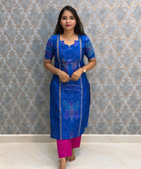 Blue with Pink color Premium Handloom Poochampally Sico Silk 3 Piece Salwar Set / LSS300