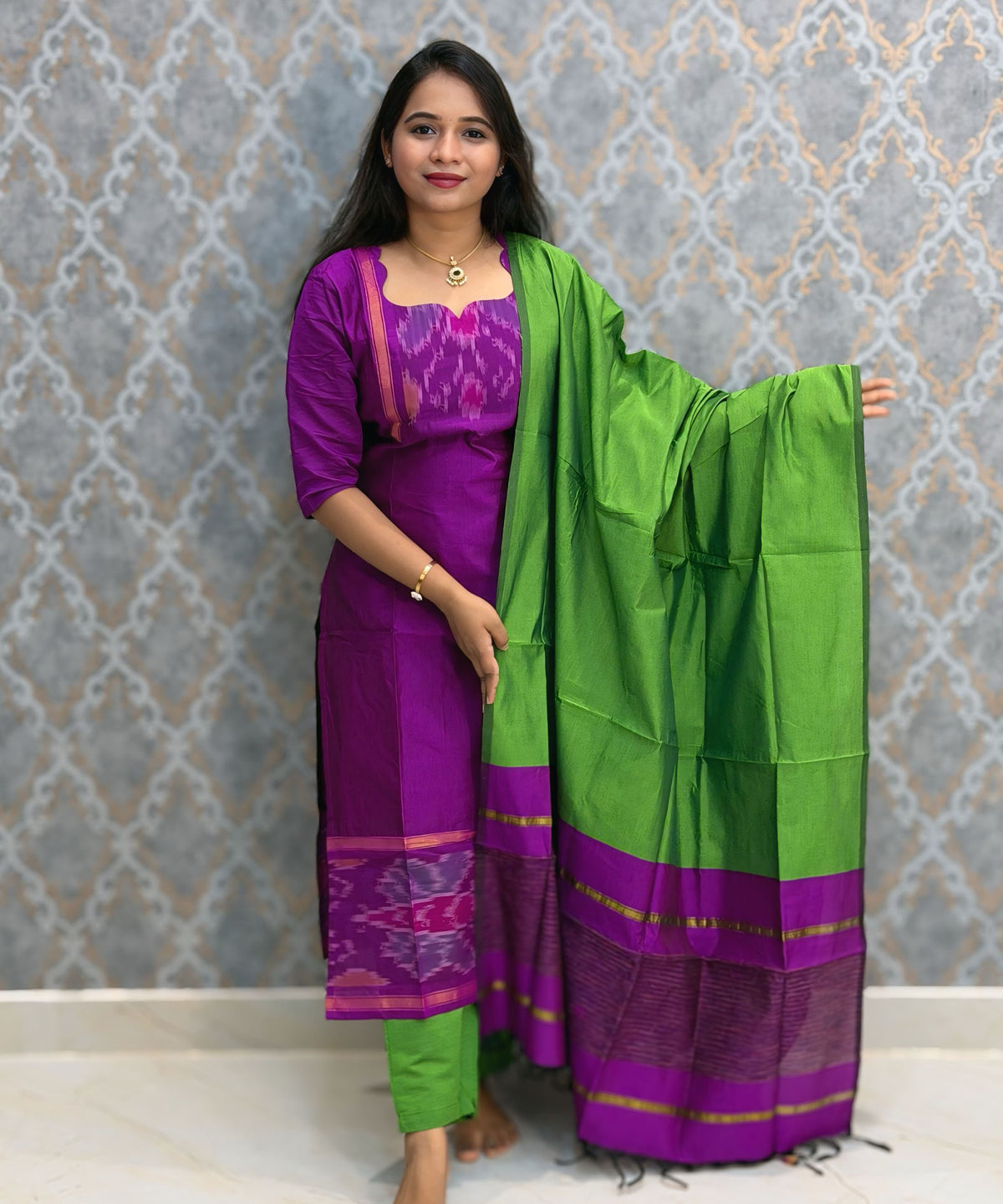 Magenta Pink and Green Premium Handloom Poochampally Sico Silk 3 Piece Salwar Set / LSS300