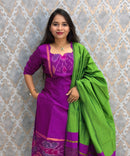 Magenta Pink and Green Premium Handloom Poochampally Sico Silk 3 Piece Salwar Set / LSS300