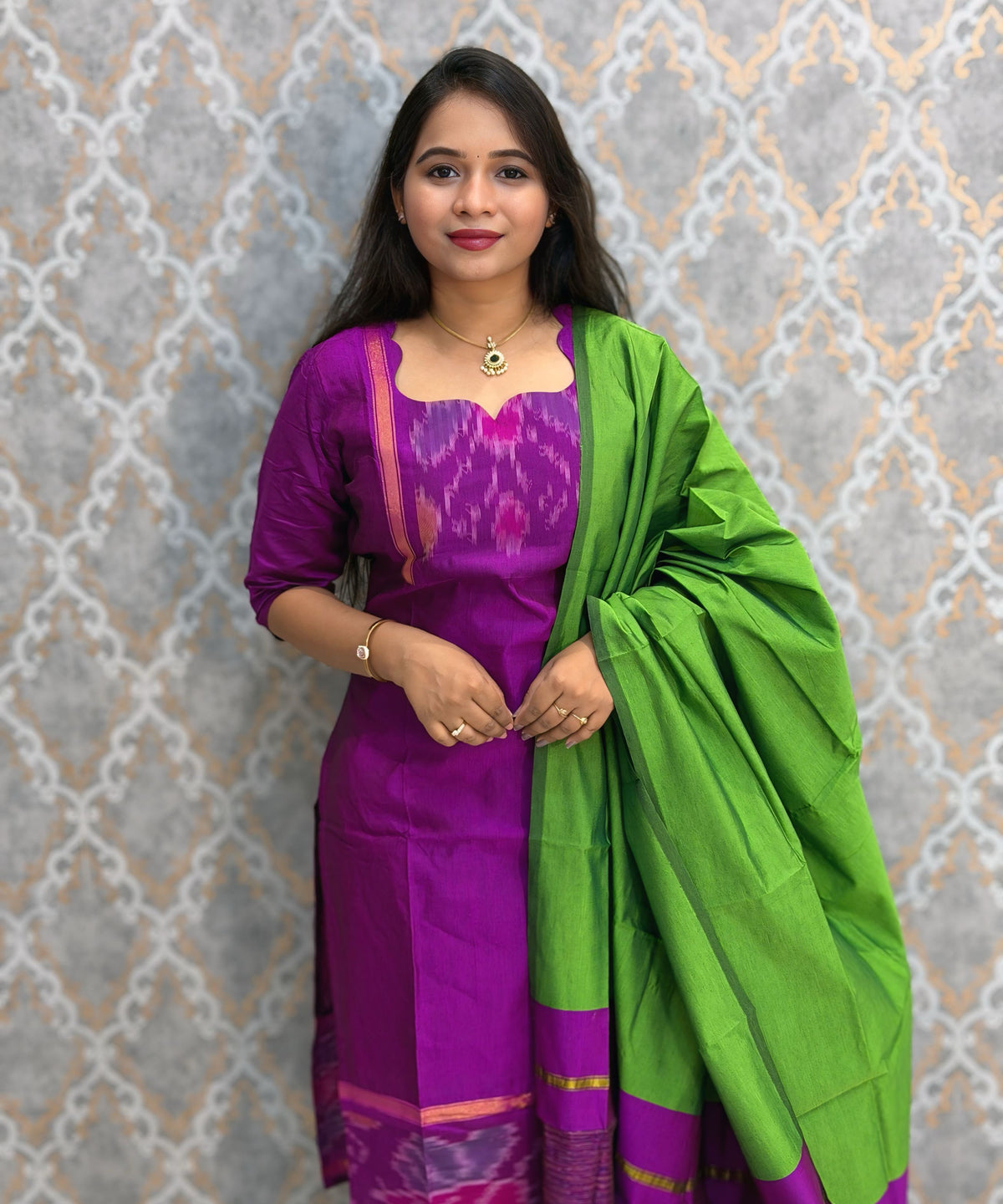 Magenta Pink and Green Premium Handloom Poochampally Sico Silk 3 Piece Salwar Set / LSS300