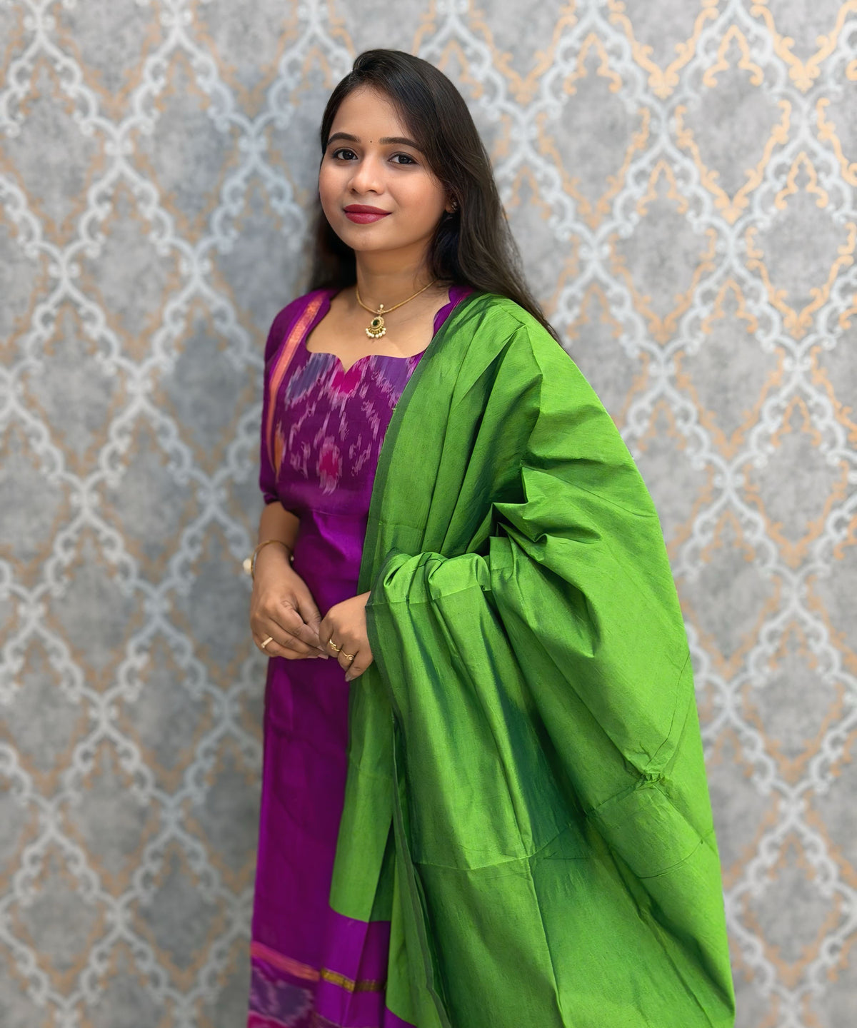 Magenta Pink and Green Premium Handloom Poochampally Sico Silk 3 Piece Salwar Set / LSS300
