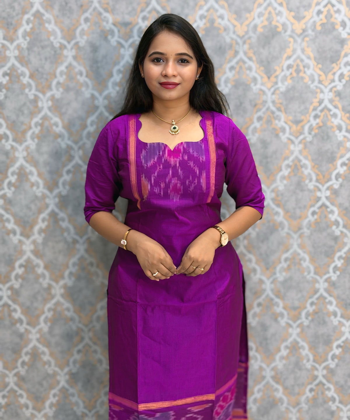Magenta Pink and Green Premium Handloom Poochampally Sico Silk 3 Piece Salwar Set / LSS300