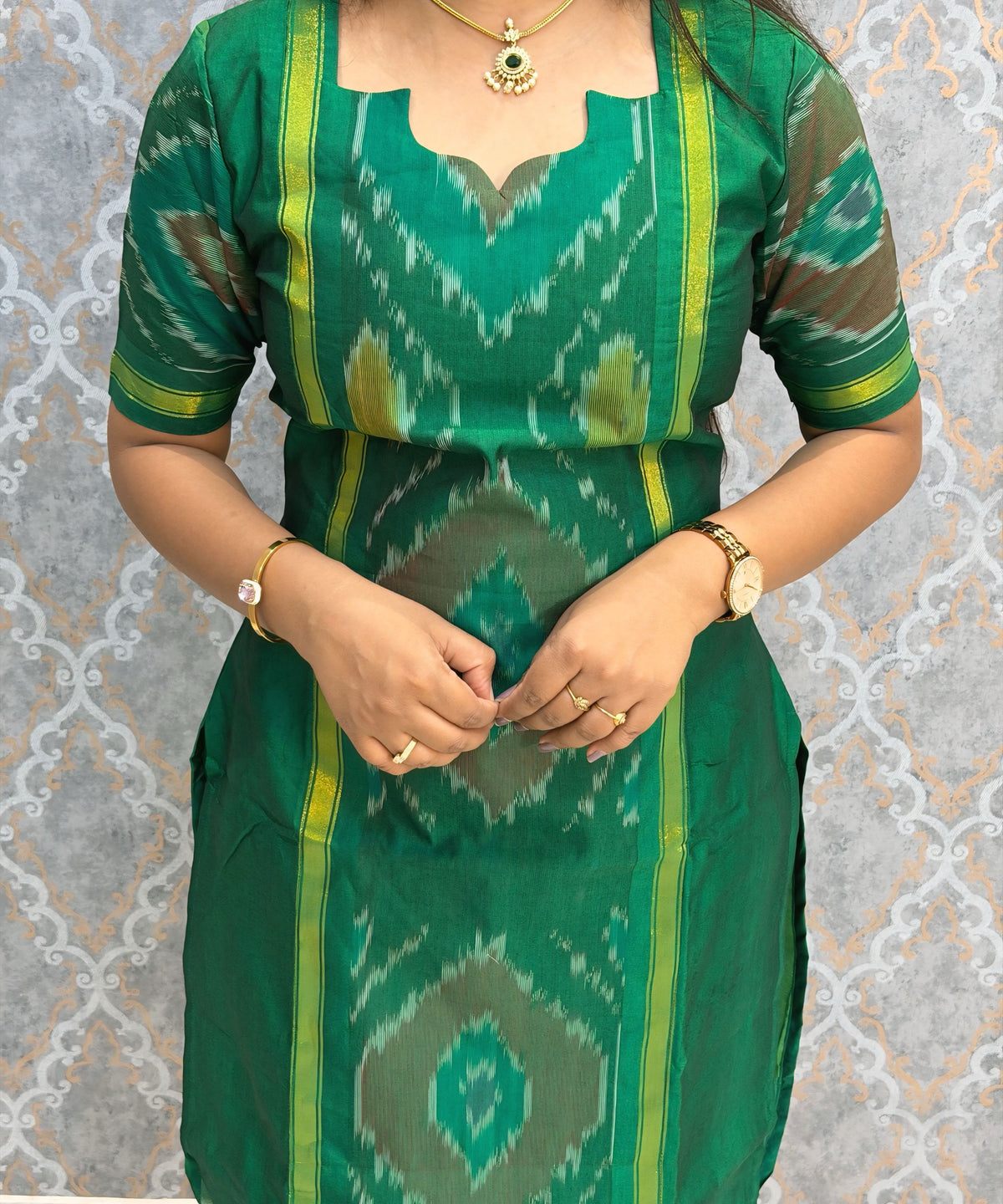 Green with Violet color Premium Handloom Poochampally Sico Silk 3 Piece Salwar Set / LSS300