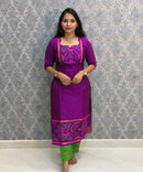 Magenta Pink and Green Premium Handloom Poochampally Sico Silk 3 Piece Salwar Set / LSS300