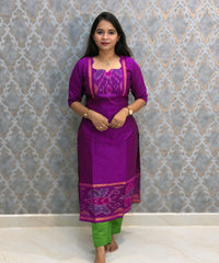 Magenta Pink and Green Premium Handloom Poochampally Sico Silk 3 Piece Salwar Set / LSS300