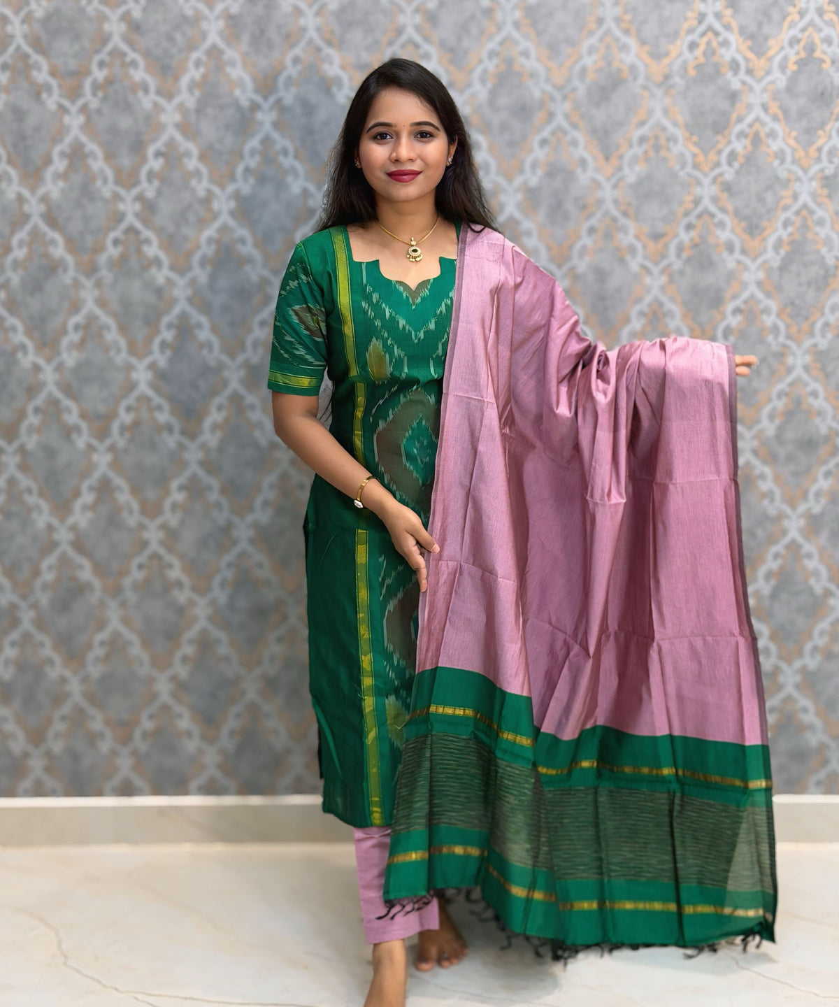 Green with Violet color Premium Handloom Poochampally Sico Silk 3 Piece Salwar Set / LSS300